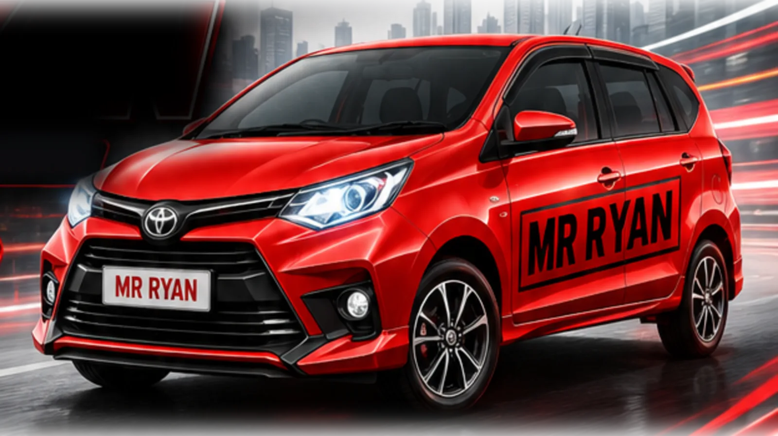 Mobil latihan Toyota Calya manual berwarna merah dengan tulisan MR RYAN di badannya.