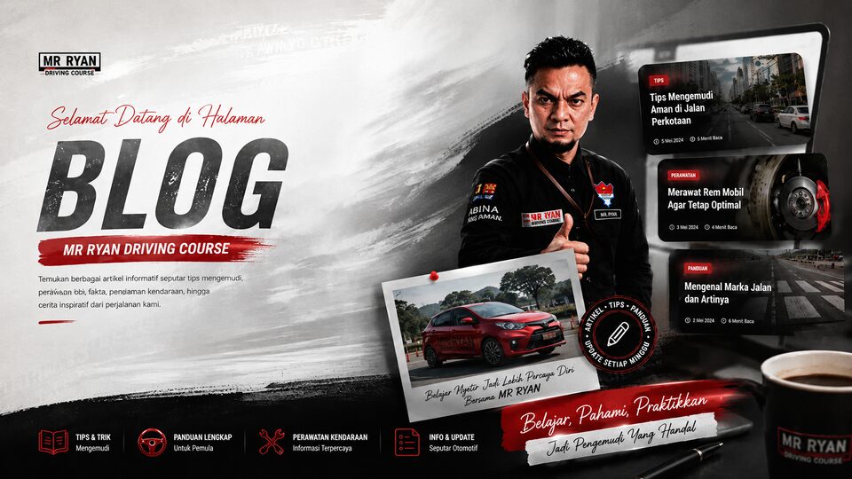 Banner blog MR RYAN Driving Course dengan seorang trainer berseragam hitam, tulisan BLOG besar, tiga kartu contoh artikel mengemudi, dan foto polaroid Toyota Calya merah.