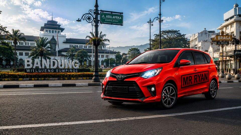 Toyota Calya merah dengan tulisan MR RYAN di depan Gedung Sate dengan tulisan BANDUNG dan papan jalan Asia Afrika serta Braga.