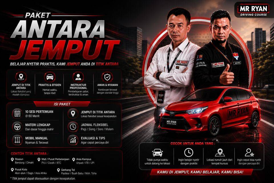 Poster Paket Antar Jemput MR RYAN dengan trainer, Toyota Calya merah, dan layanan penjemputan titik antara.