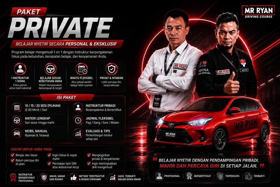 Poster Paket Private MR RYAN dengan trainer, Toyota Calya merah, dan penjelasan pembelajaran personal satu instruktur satu siswa.