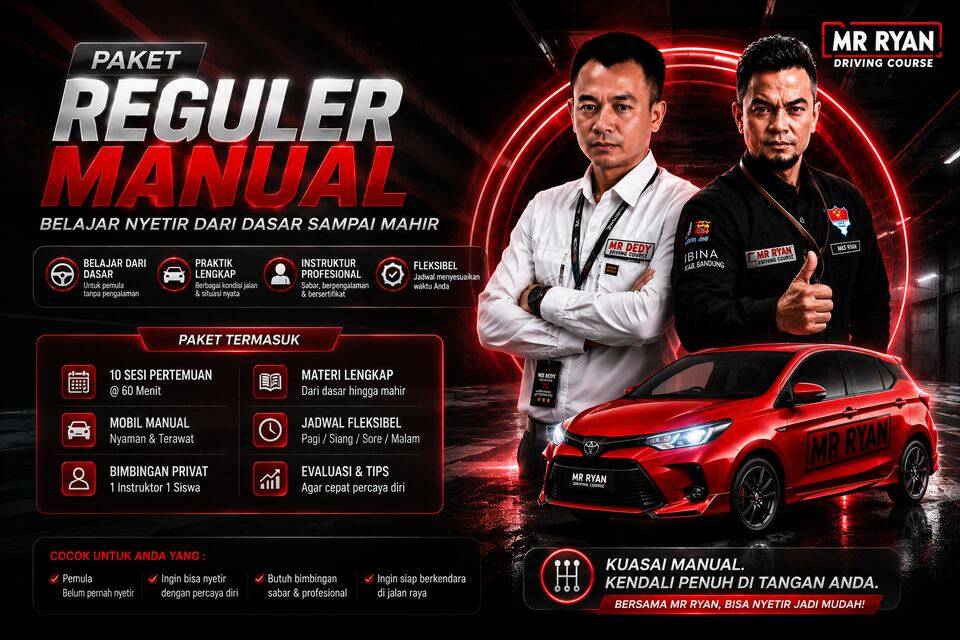 Poster Paket Reguler Manual MR RYAN dengan trainer, Toyota Calya merah, dan rincian program belajar dari dasar sampai mahir.