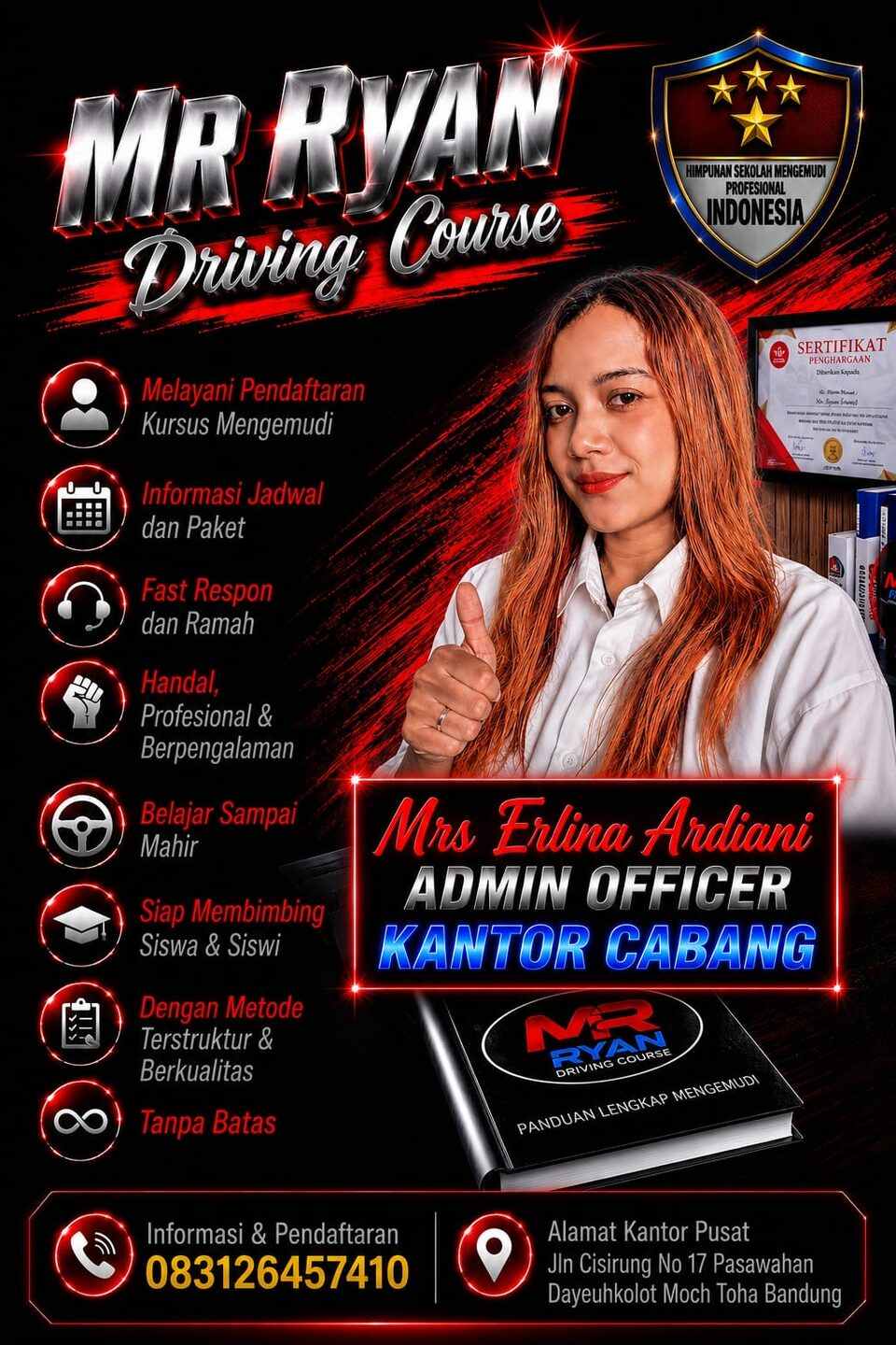 Poster resmi Mrs Erlina Ardiani, admin officer kantor cabang MR RYAN Driving Course.