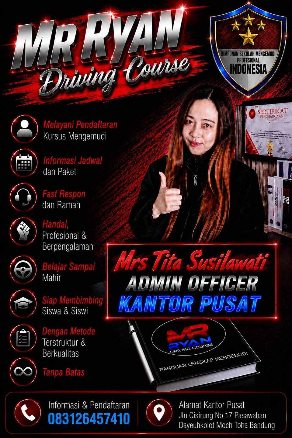 Poster resmi Mrs Tita Susilawati, admin officer kantor pusat MR RYAN Driving Course.